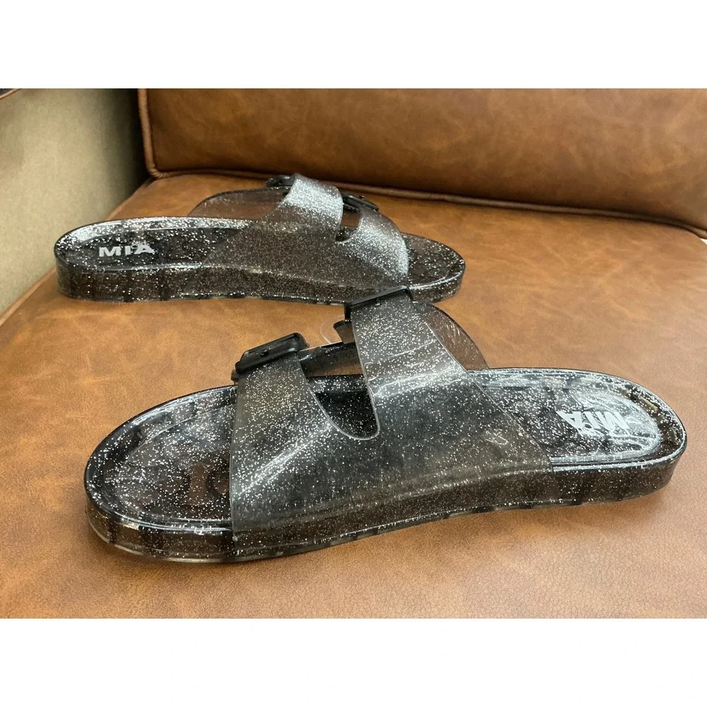 MIA Bashful Smoke Jelly Sandals Girls 10 Grey Glitter New Double Strap Slide